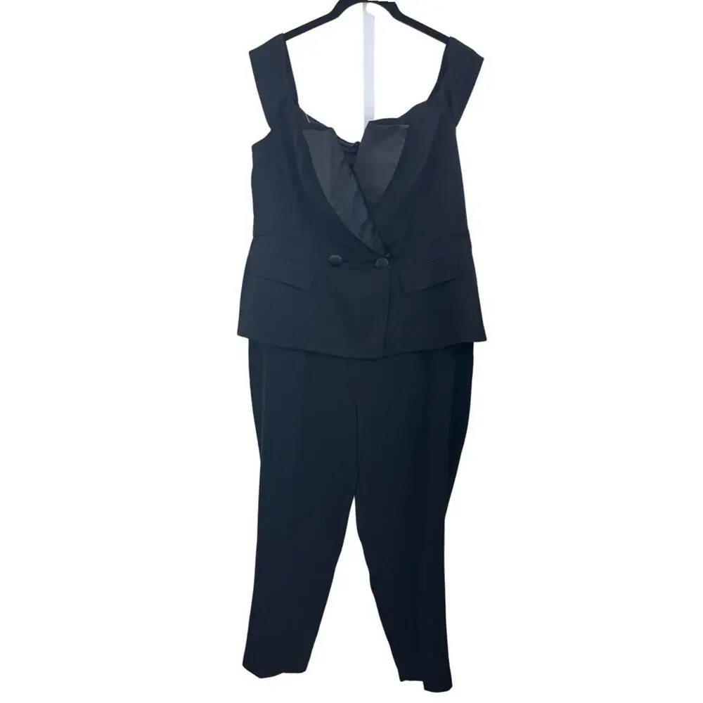 City Chic Sexy Tux Jumpsuit Womens Plus Size 18 Off The Shoulder Black Menswear - Picture 3 of 7